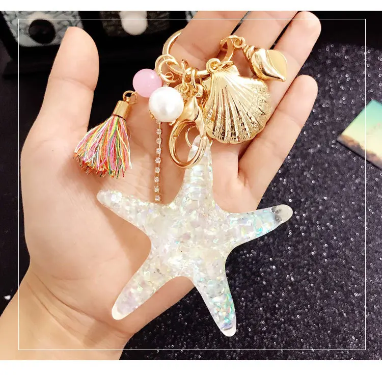 

2019 Cute Cartoon Starfish Shell Key chain Women Crystal Tassel Car Keychain Bag Charms Trinket Key rings Sea World key