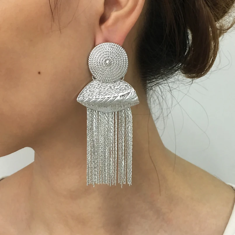 MANILAI Geometric Alloy Long Chain Tassel Earrings For Women Ethnic Jewelry Boho Statement Drop Dangle Earrings Fashion Gift