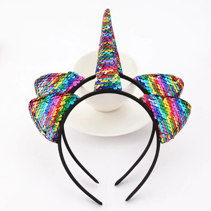 

2019 1PC Cute Cartoon Sequins Glitter Unicorn Hairband Rainbow Unicorn Cat Ears Kid Party Headband Hair Accessories For Women