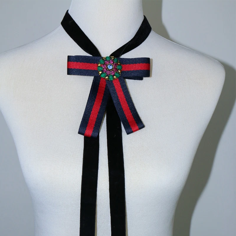 Vintage Big Bowknot Long Black Velvet Necklace For Women Chocker With Crystal Flower False Collar Collares
