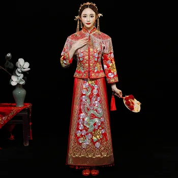 

Chinese style show Costume 2019 dragon gown evening dress bride married cheongsam dress train Su Embroidery China Couple Wedding