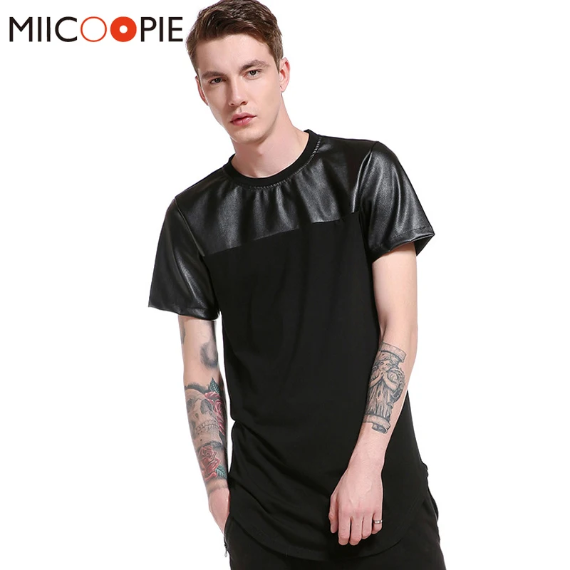 

Harajuku Hip Hop T Shirt Men Patchwork Leather T-shirt Streetwear Men Skate Tee Shirts Arc hem Swag Clothes Camisetas XXL