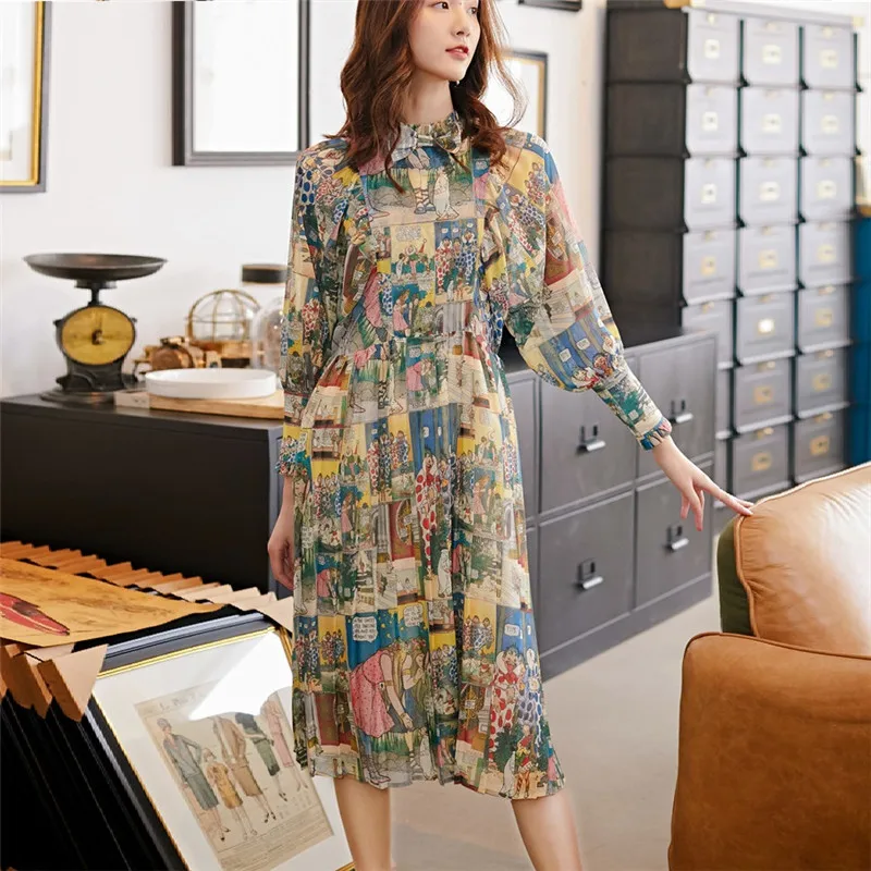 

CBAFU women vintage cartoon print chiffon dress long sleeve pleated dress high quality casual spring autumn female vestidos D681