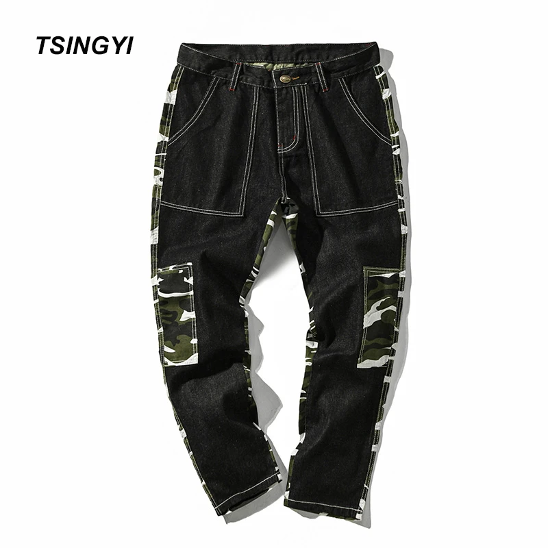 

Tsingyi Camouflage Patchwork Denim Jeans Men Homme Casual Straight Pants Mid Waist Long Length Mens Trousers Plus Size M-5XL