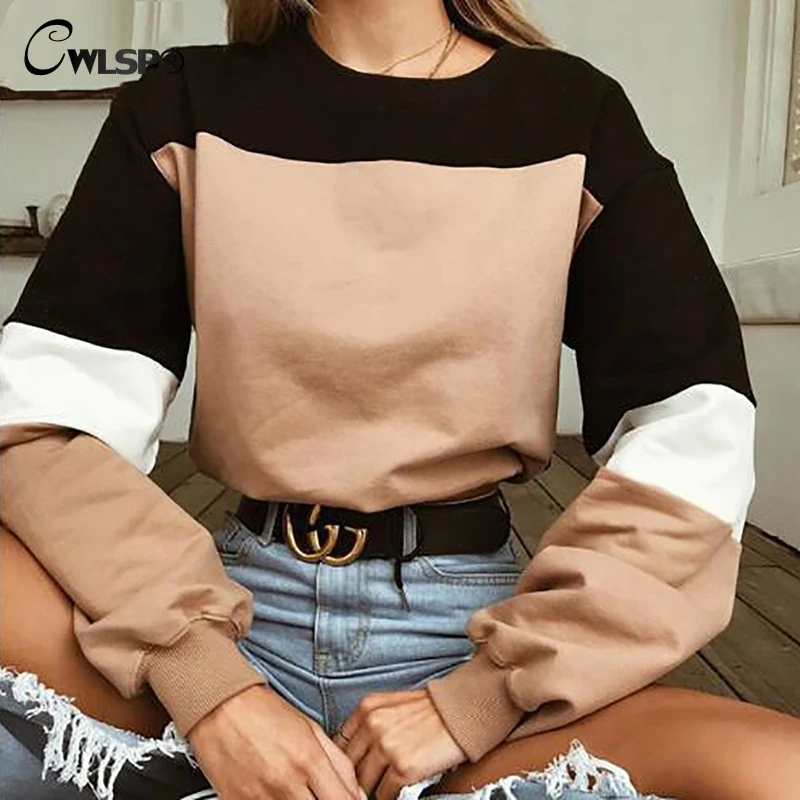 

CWLSP 2018 Autumn Patchwork High Quality Women Hoodies Sweatshirt 7 Color Long Sleeve Lace Up Crop Tops Lady's Clothes QA2569