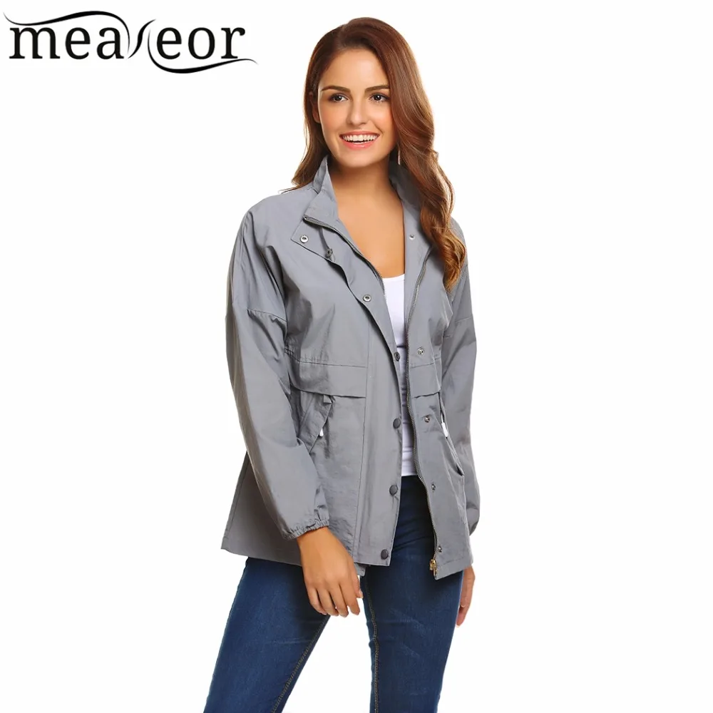 

Meaneor Fashion Stand Collar Jacket Women Autumn Casual Raincoat Waterproof Jackets with Pocket Long Sleeve Solid Loose Outwear