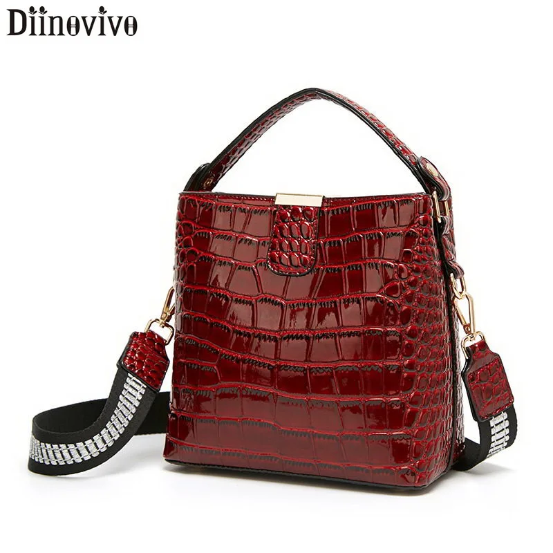 Bolsas de Couro Patente para as Mulheres Bolsa de Ombro Diinovivo Retro Jacaré Padrão Balde Bolsa Feminina Pequena Carteira Whdv1157