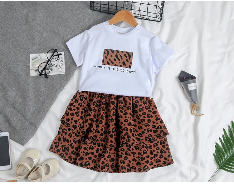 Fashion Children Clothing Set For Girls Clothes 2019 Summer Letter Tshirts Tops Leopard Chiffon Skirt 2Pcs Casual Kids Suit 3-9Y (15)