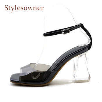 

Stylesowner New Pvc Women Sandals Open Toe Transparent Crystal Chunky High Heel Party Wedding Shoes Buckle Strap Ladies Sandals