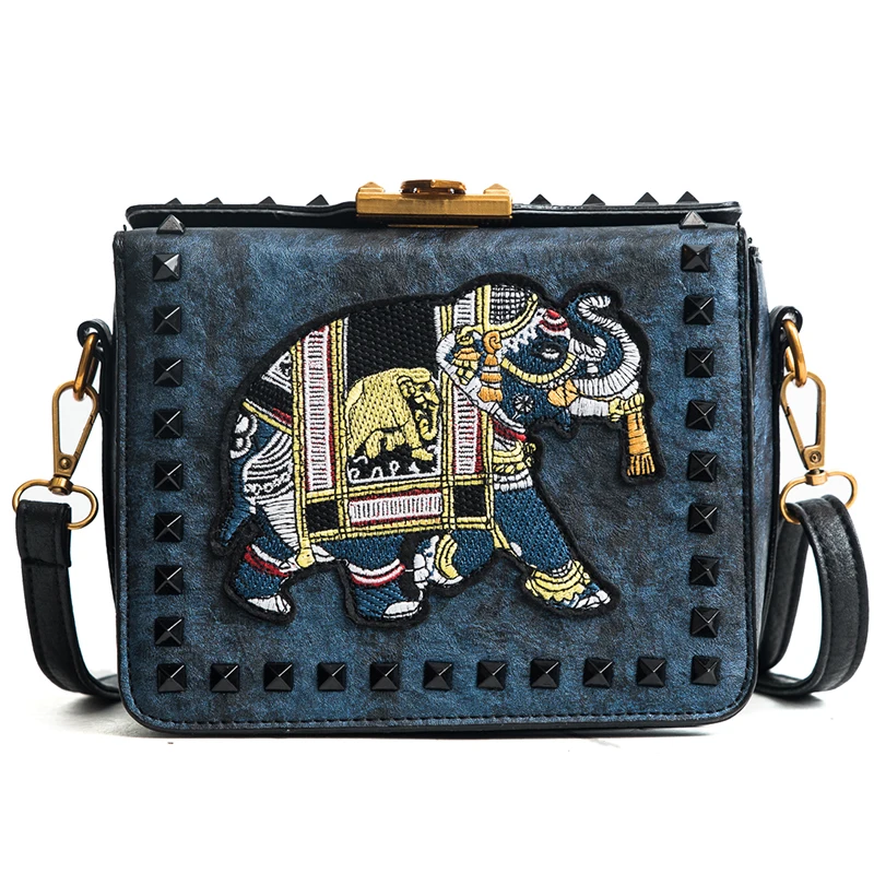 

New Arrival Vintage Women Elephant Shoulder Bag Rivets Messenger Bag Embroidered Elephant Crossbody Bag Ladies Bag