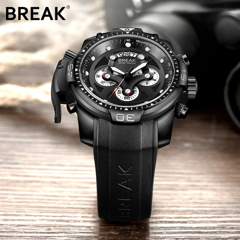 BREAK Men Luxury Brand Man Sports Watch Quartz Military Wristwatch Black Silicone Multifunction Chr