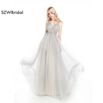 

Real photo Fashion V Neck A-Line Evening dress 2020 Hand Beaded Illusion Vestido longo Formal dress Evening party gowns