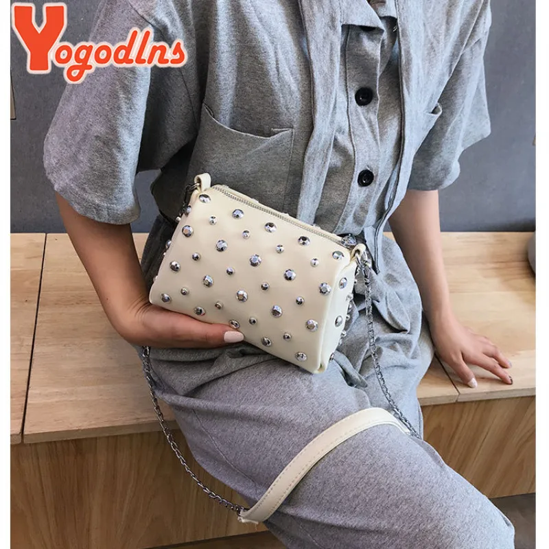 Yogodlns Bags For Women New Fashion Rivet PU Leather Women Bag Diamonds Shoulder Messenger Bag Chains Small Flap Crossbody Bag