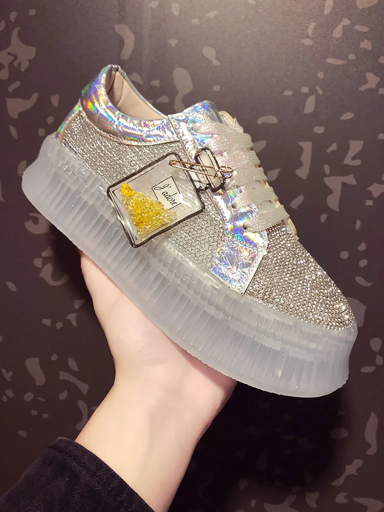 

New lace-up platform sponge wedges with rhinestone shoes transparent bottom hollow mesh shoes