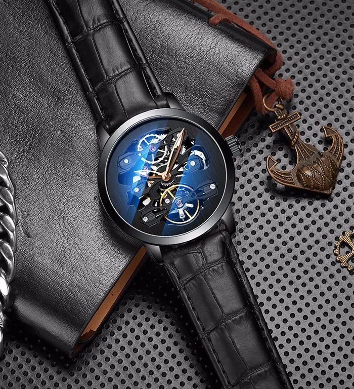 AILANG новые модные роскошные брендовые кожаные часы автоматические механические мужские часы Скелет Мужчины erkek коль saati