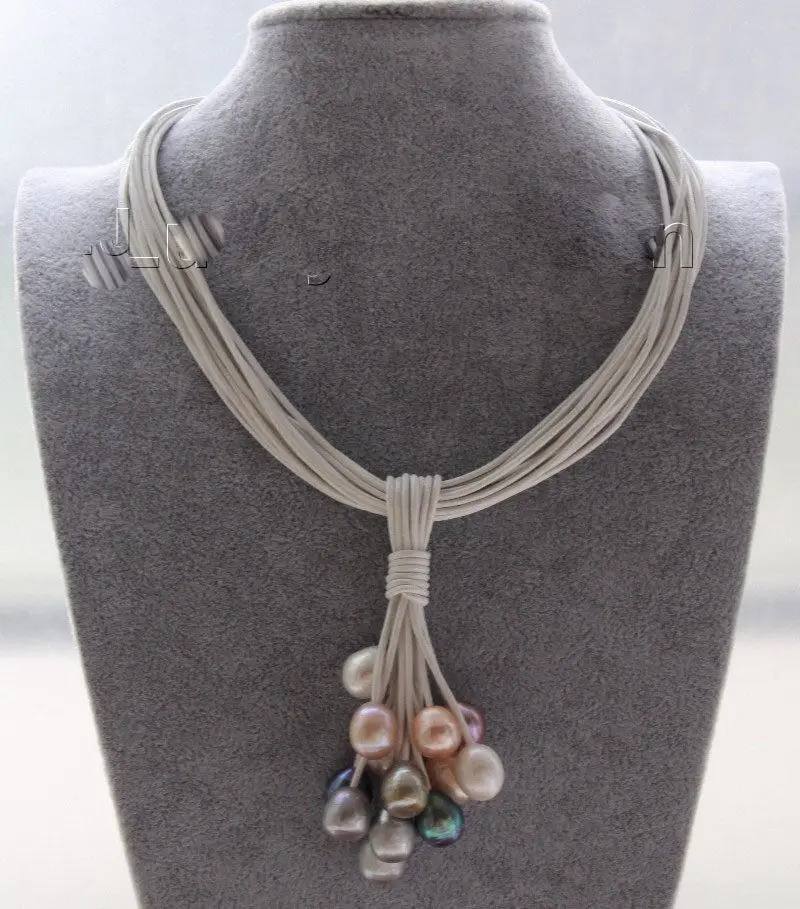 

Hot sale new Style >>>>>Choker 16" 15row 14mm black pink gray pink pearls white leather necklace