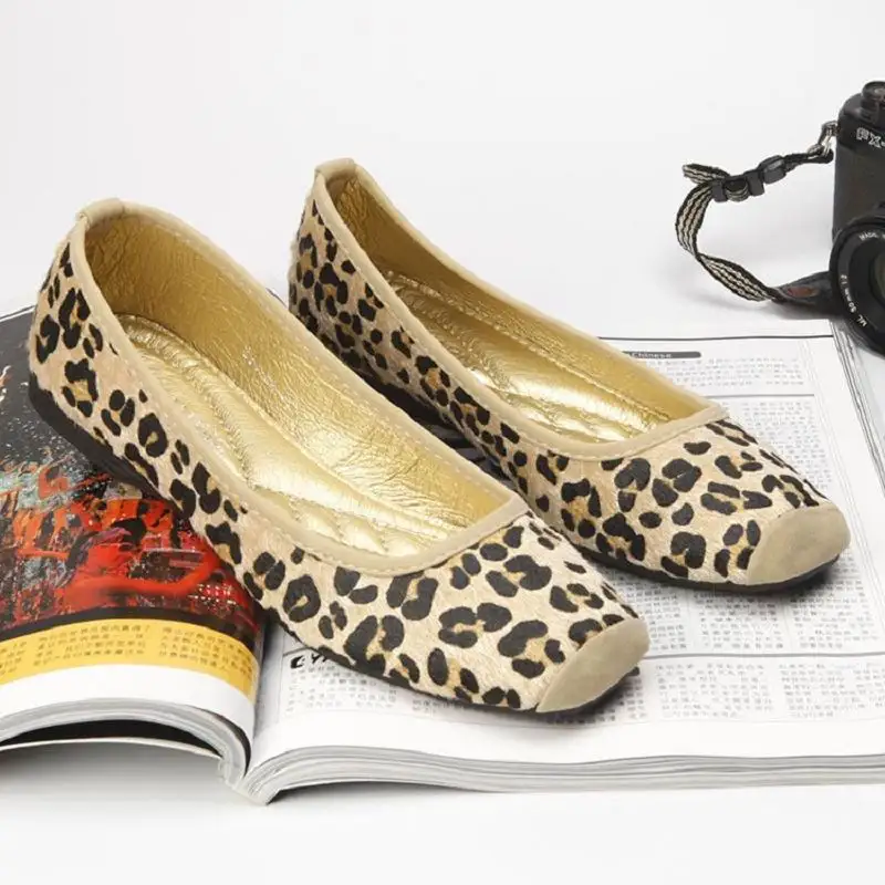 

Leopard Print Women Flats Fashion Forward Square Toe Soft Trending Woman Casual Loafer Shoes Horse Hair Chaussures Femme 35-40