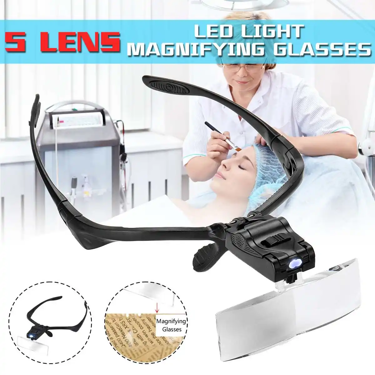 5 Lens Loupe Magnifying Glasses Adjustable With LED Light Lamp Head
