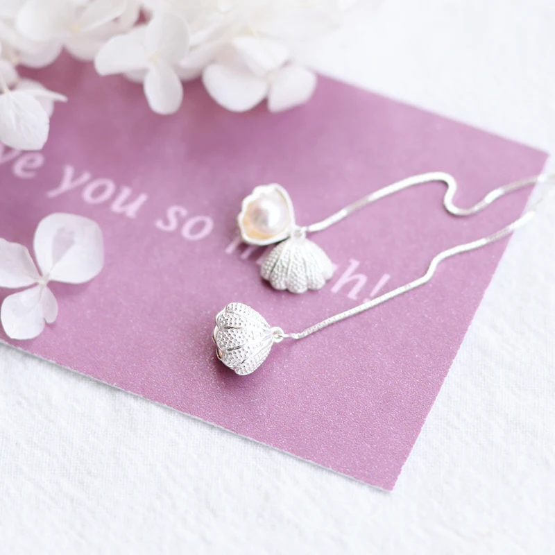 

AKOLION Summer Jewelry Silver Shell Pearl Drop Earring 925 Long Imitation Pearl Girls Earrings female Jewelry