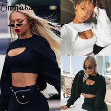 Короткие свитшоты женские осенние черные белые толстовки с длинными рукавами модная укороченная верхняя куртка, Джемпер Пуловер Топы Клубная одежда Топ на бретелях