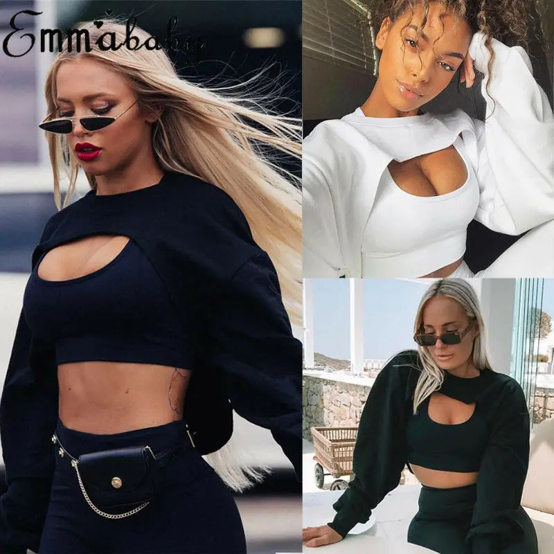 

Short Sweatshirts Women Autumn Long Sleeve Black White Sweatshirt Fashion Crop Top Jacket Jumper Pullover Tops Clubwear Tank Top