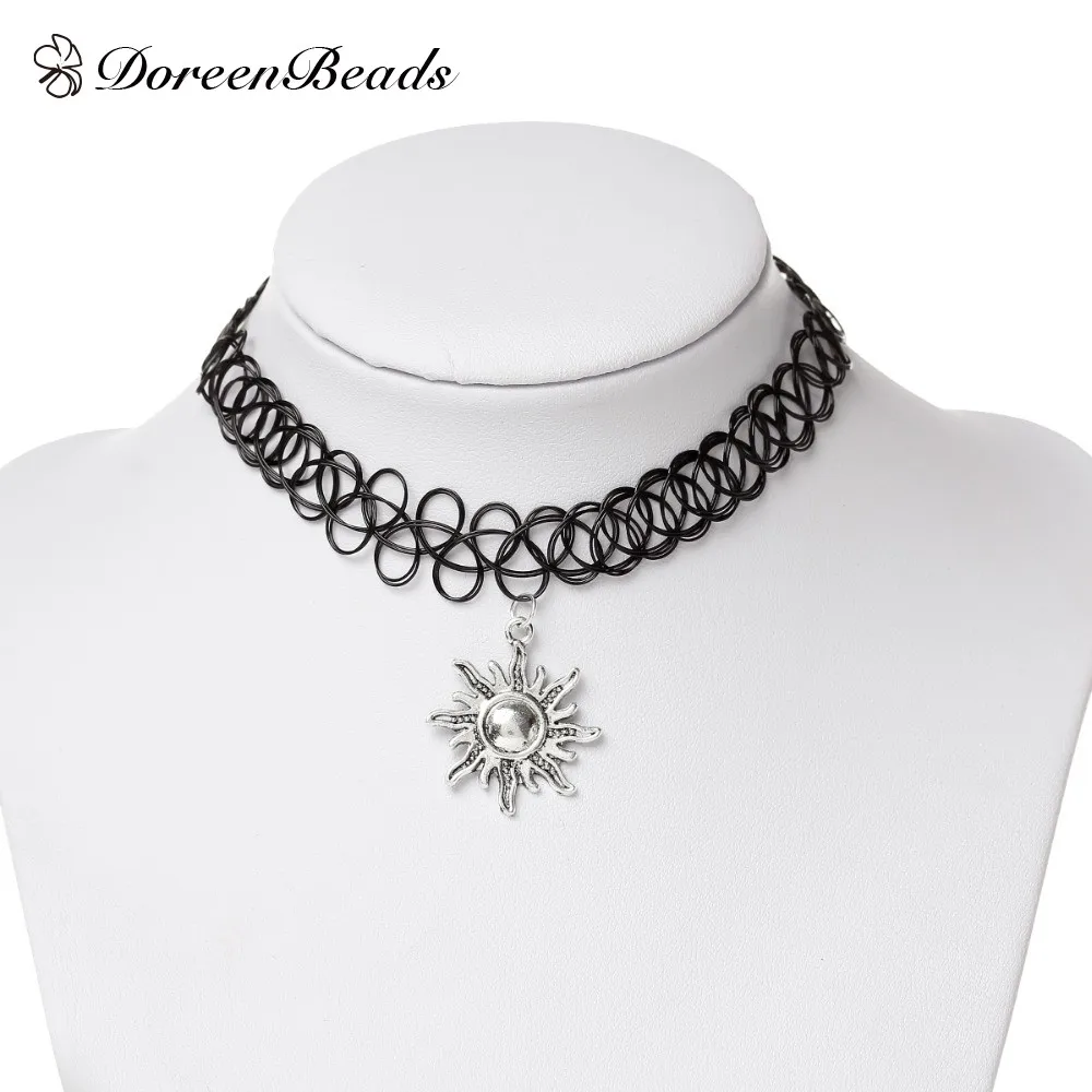 DoreenBeads Black Tattoo Choker Necklace Vintage Elastic peace cross sun star Pendants Mathilda Leo Jewelry 30cm(11 6/8) long