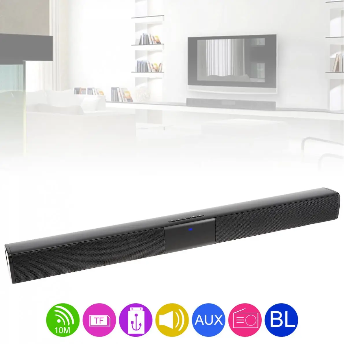 

Home Theater Sensurround Bluetooth Soundbar Speaker with 4 Full Range Horns 3.5mm Audio Input Micro Charging for TV Smartphone