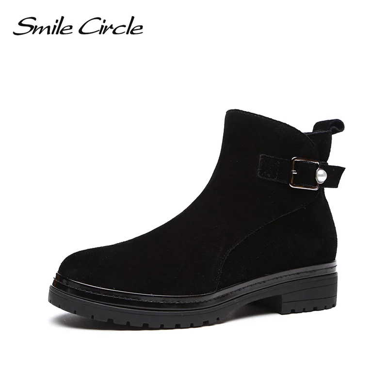 

Smile Circle Winter Ankle boots for women Cow Suede Warm plush Round toe flat Short Boots ladies Shoes Metal decoration