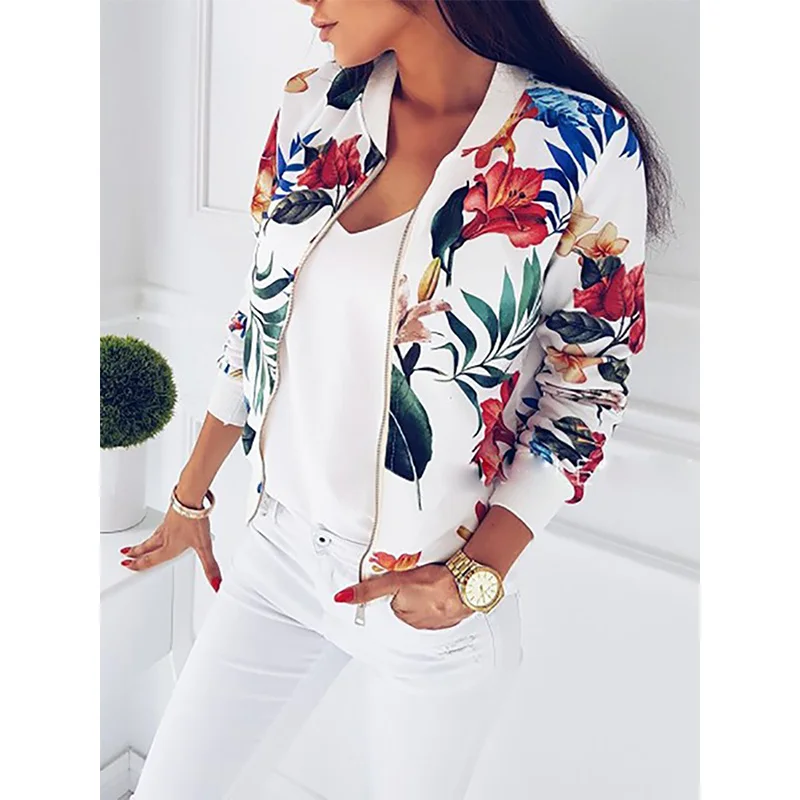 Women Coat Fashion Ladies Retro Floral Zipper Up Bomber