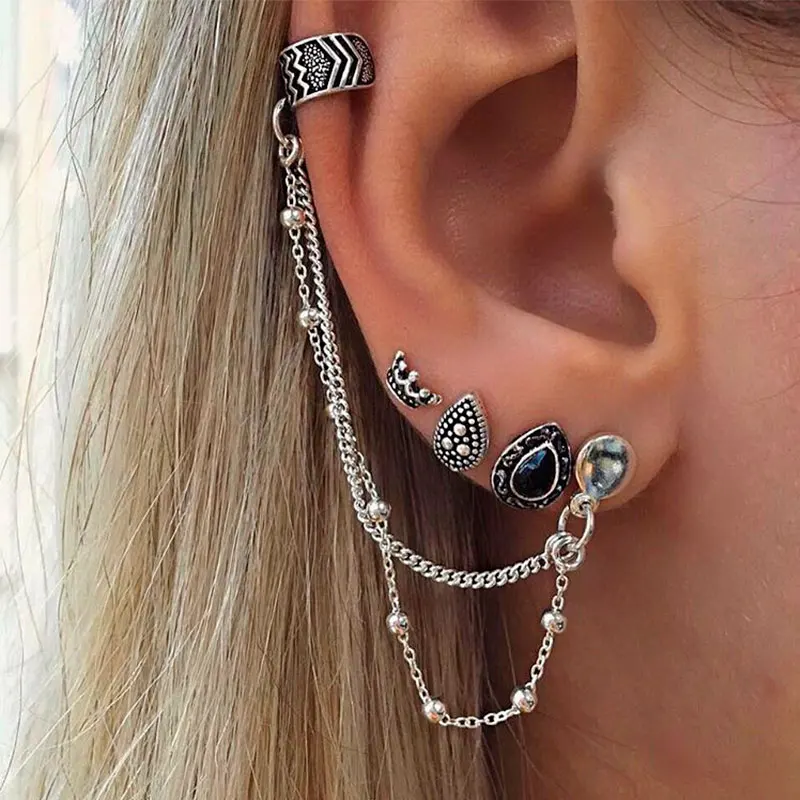 

4 Pcs/set Carved Water Drop Bohemia Style Crown Long Beads Chain Tassel Stud Earring Silver Metal Ear Stud Vintage Women Jewelry