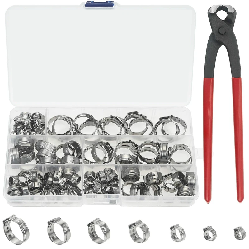 

Single Ear Stepless Hose Clamps 90PCS 5.8-21mm 304 Stainless Steel Cinch Clamp Rings Single Ear Hose Clamp Crimper Tool Kit wi