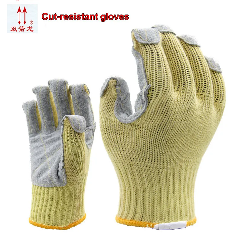 

The new anti cut aramid plus leather gloves cut proof gloves prevent slippery wear-resisting protect gloves leather grade 4 cut