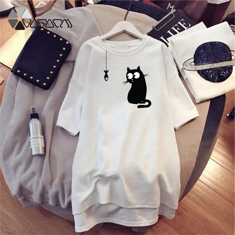 

Cute Cat Summer Women Dress Print Short Sleeve White Dress Casual Loose Clothes Vestidos Party Dresses Plus Size 4XL Kawaii 2019