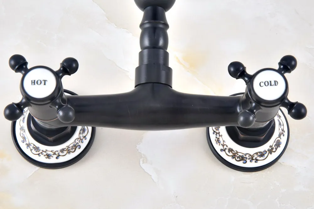 Black Oil Rubbed Bronze Brass Two Cross Handles Wall Mount Swivel Spout Kitchen & Bathroom Basin Sink Faucet Mixer Tap anf461