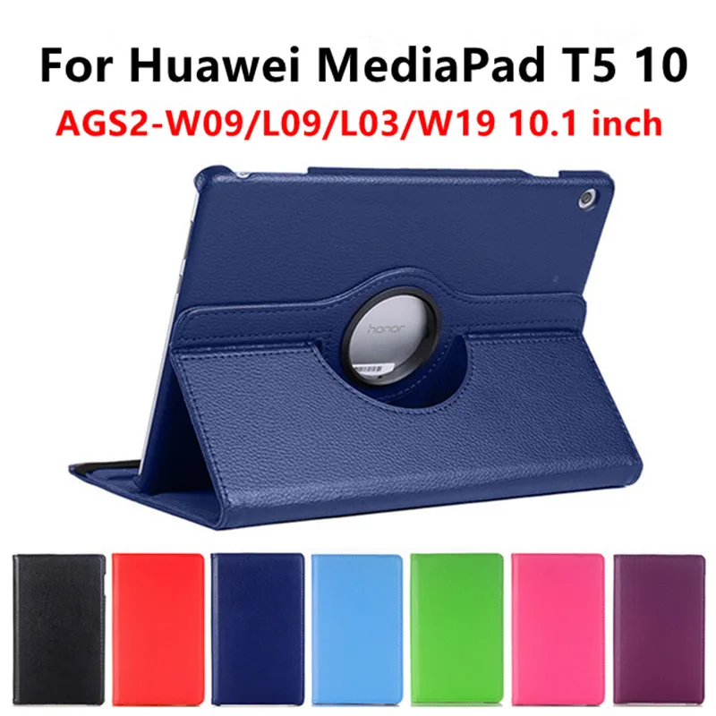 

360 Degree Rotating for Huawei MediaPad T5 10 Case T5 AGS2-W09/L09/L03/W19 10.1 inch PU Leather Stand Smart Tablet Cover+Stylus