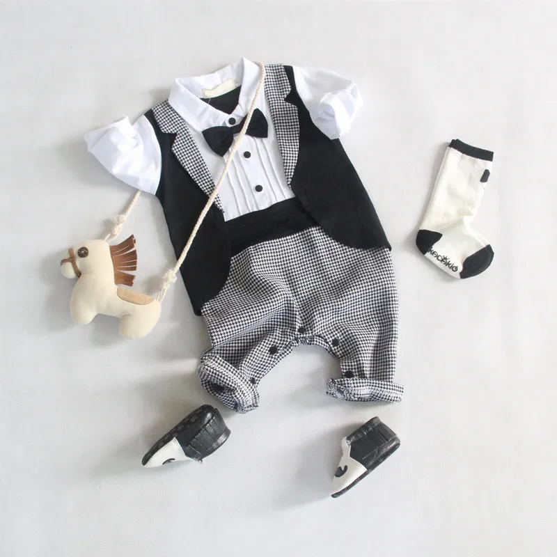 2016 New baby boy romper gentleman modeling bow tie full sleeve bebes
