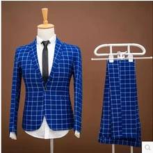 Модные мужские костюмы на заказ куртка+ брюки тонкая синяя решетка мужские блейзеры жених свадебное платье