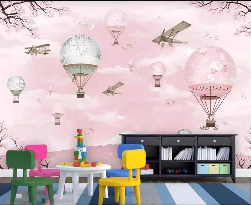 Beibehang настроить 6 фото обои росписи личности розовый мультфильм горячий воздушный шар детские настенные декоративные 3d обои