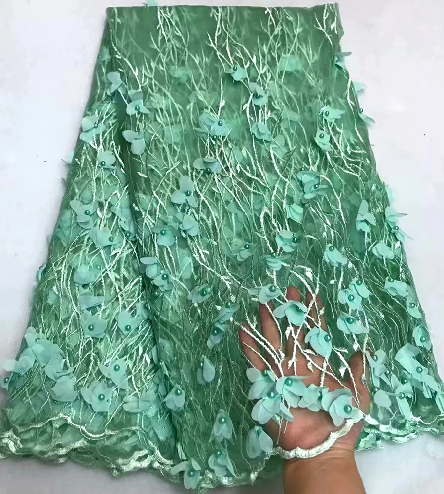 

Beautiful with Beaded 3D Applique African Mesh Net Lace Fabric Green Color India Embroidered Guipure Lace Fabrics for dress