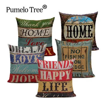 

Vintage Cushion Cover 45x45cm Polyester&Linen Decorative Throw Pillow Digital Printing Mediterranean Style Letter Sofa Decor