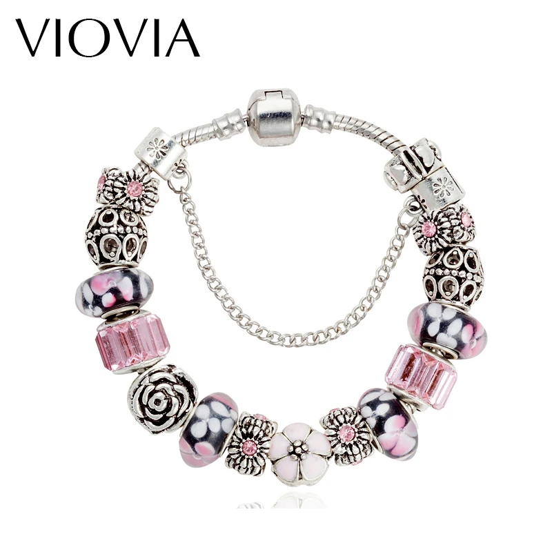 

VIOVIA Design Fashion Flower Charm Bracelets & Bangles Fit Jewelry Making Silver Pink Crystal Bracelets for Women Gift B15379