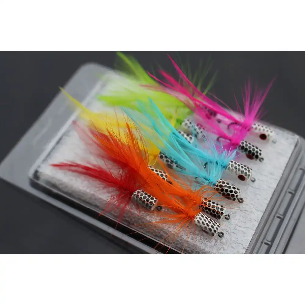 12 pcs 6 colors Hackle Body Tail Foam Head Popper Bass Fly Fishing Flies Lures