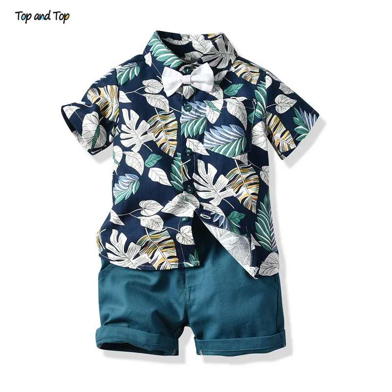 

Top and Top Boy Clothing Set Summer Fashion Floral Short Sleeve Bowtie Shirt+Shorts Boys Casual Clothes Gentleman 2Pcs Suit