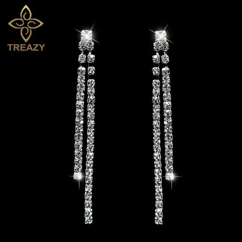 

TREAZY Crystal Bridal Long Earrings Sparkling Silver Color Rhinestone Double Strips Dangle Earrings For Women Wedding Jewelry