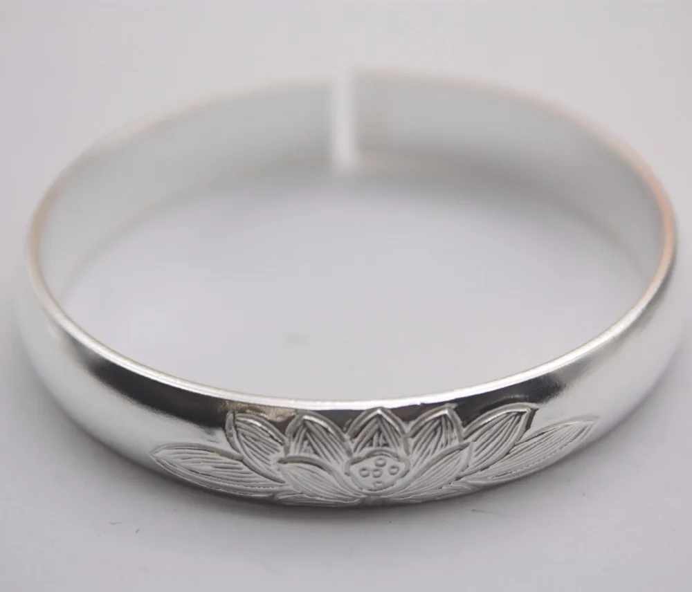New Arrival Pure S999 Sterling Silver Bracelet Women Glaze Lotus Bangle 43-43.5g
