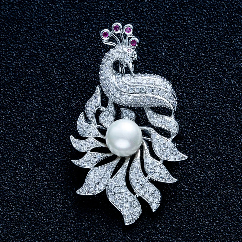 

2019 New Arrival Colorful CZ Stone Zircon Peacock Brooch For Women Fashion Silver Color Pearl Animal Brooch Pin Jewelry Present