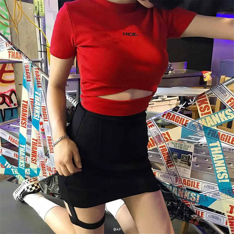 Harajuku Yellow Crop Top 2018 Summer Wrap Strap Waist Cropped T Shirt Women HIDE Letter Embroidery Tees Short Sleeve T-Shirts Harajuku Yellow Crop Top 2018 Summer Wrap Strap Waist Cropped T Shirt Women HIDE Letter Embroidery Tees Short Sleeve T-Shirts