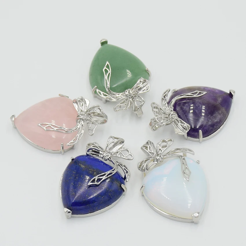 

New Romantic Butterfly Knot Heart Jewelry Lover Natural Amethysts Rose Pink Quartzs Crystal Stone Inlaid Flower Necklace Pendant