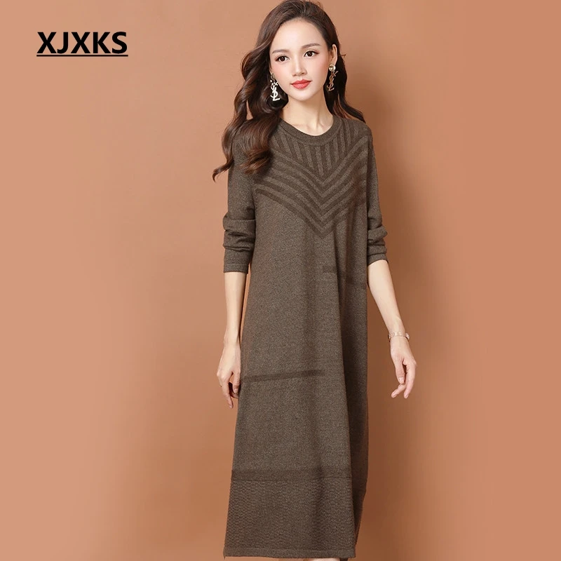 

XJXKS casual vestidos mujer 2018 knitting formal dresses women elegant loose fashion high elasticity womens long sleeve dress
