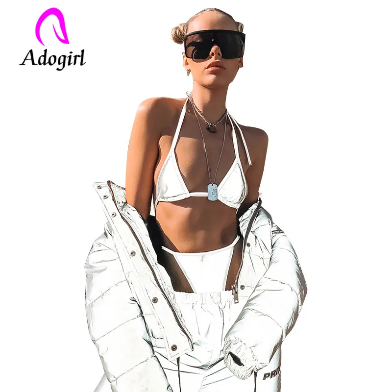Женский костюм двойка Adogirl белый укороченный топ с лямкой на шее летние пляжные